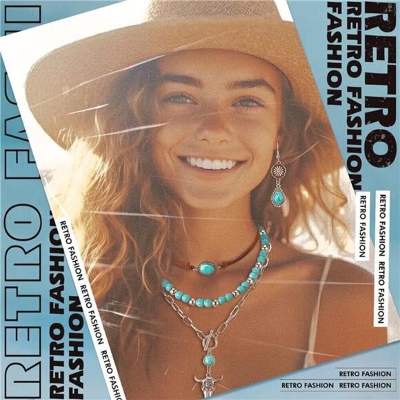 Bohemian Western Jewelry Turquoise Set Women Bohemian Pendant Long - Picture 5 of 7